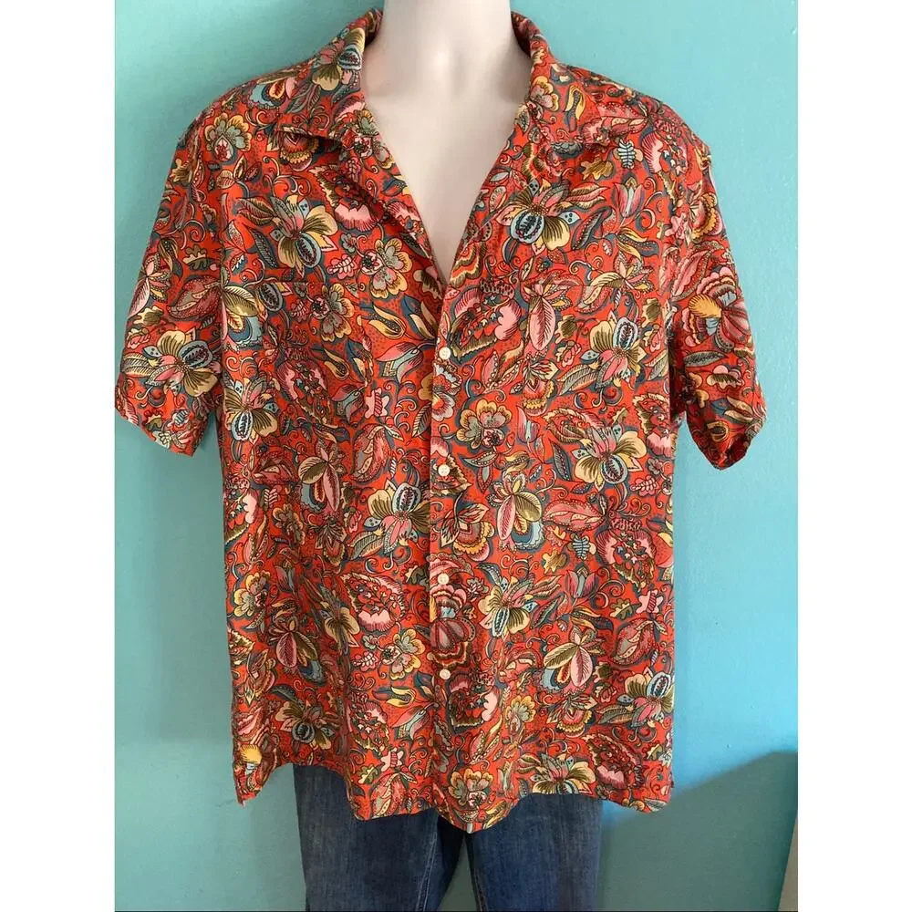 J. Crew With Liberty of London Mens Size XL Red Floral Print Summer Cotton Shirt